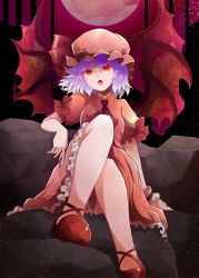 Rule 34 | 1girl, arano oki, ascot, bat wings, broom, dress, full moon, hat, hat ribbon, highres, light purple hair, looking at viewer, mob cap, moon, night, open mouth, pink dress, red eyes, remilia scarlet, ribbon, rock, sitting, sitting on rock, sky, solo, star (sky), starry sky, touhou, wings