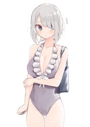 Rule 34 | 1girl, absurdres, bag, bare shoulders, bob cut, breasts, cleavage, cowboy shot, fingernails, flying sweatdrops, grey hair, grey nails, hair over one eye, highres, large breasts, looking at viewer, medium hair, mole, mole on thigh, nail polish, one-piece swimsuit, original, parted lips, rucchiifu, shoulder bag, simple background, solo, standing, swimsuit, v-neck, white background