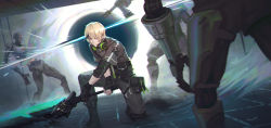 Rule 34 | 1boy, battle, black footwear, black gloves, blonde hair, boots, closed mouth, eyes visible through hair, fingerless gloves, fingernails, gloves, glowing, glowing sword, glowing weapon, headphones, headphones around neck, highres, holding, holding sword, holding weapon, hong yu, horns, kamui: bastion (punishing: gray raven), kamui (punishing: gray raven), on one knee, open mouth, pouch, punishing: gray raven, red eyes, robot, single horn, slashing, solo focus, sword, weapon