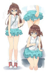 Rule 34 | 1girl, ahoge, amemiya sekira, ass, bag, bare arms, bare shoulders, between breasts, blue bow, blue eyes, blue skirt, blush, bobby socks, bow, breasts, brown hair, closed mouth, collared shirt, commentary request, flying sweatdrops, green-framed eyewear, highres, layered skirt, long hair, miniskirt, multiple views, original, panties, parted lips, pleated skirt, red footwear, sekira ame, semi-rimless eyewear, shirt, shoes, shoulder bag, sitting, skirt, sleeveless, sleeveless shirt, small breasts, socks, strap between breasts, translation request, two side up, under-rim eyewear, underwear, very long hair, white legwear, white panties, white shirt