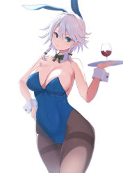 Rule 34 | 1girl, absurdres, alternate costume, amisu, animal ears, bad id, bad twitter id, black bow, blue eyes, blush, bow, bowtie, braid, breasts, buttons, cleavage, collarbone, commentary request, cowboy shot, cup, detached collar, drinking glass, fake animal ears, green bow, green bowtie, green ribbon, hair ribbon, hand on own hip, highres, holding, holding tray, izayoi sakuya, leotard, maid, medium breasts, pantyhose, parted lips, playboy bunny, rabbit ears, ribbon, short hair, sidelocks, silver hair, simple background, solo, standing, thighband pantyhose, touhou, tray, tress ribbon, twin braids, white background, wine glass, wrist cuffs