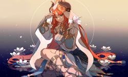 Rule 34 | 1girl, aqua eyes, brooch, cape, closed mouth, commentary, crossed legs, flower, full body, genshin impact, gladiator sandals, gold trim, grey nails, hands up, harem outfit, highres, holding, holding flower, horns, jewelry, kkaags, long hair, long sleeves, looking at viewer, nail polish, nilou (genshin impact), puffy long sleeves, puffy sleeves, red hair, reflection, reflective water, ripples, sandals, sitting, smile, solo, veil, very long hair, white cape, white flower, white veil