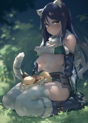 Rule 34 | 1girl, animal, animal ear fluff, animal ears, animal on lap, bandeau, bare shoulders, black hair, blush, boots, breasts, cat, closed mouth, gauntlets, highres, long hair, looking at viewer, medium breasts, miniskirt, multicolored hair, nitro (mugityaoisii), on lap, princess connect!, seiza, shiori (princess connect!), sitting, skirt, striped tail, tail, thighhighs, tiger ears, tiger girl, tiger tail, white thighhighs, yellow eyes