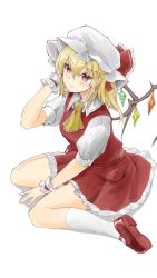 Rule 34 | 1girl, absurdres, ascot, blonde hair, breasts, closed mouth, commentary request, flandre scarlet, full body, hair between eyes, hair ribbon, hand in own hair, hat, hat ribbon, highres, looking at viewer, mary janes, medium hair, mob cap, one side up, pink eyes, puffy short sleeves, puffy sleeves, red footwear, red ribbon, red skirt, red vest, ribbon, shirt, shoes, short sleeves, simple background, sitting, skirt, skirt set, small breasts, smile, socks, solo, touhou, vest, wariza, white background, white hat, white shirt, white socks, wrist cuffs, yamabukiiro (browncat), yellow ascot