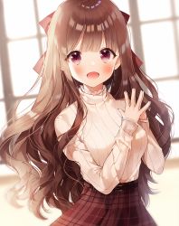 Rule 34 | 1girl, bad id, bad pixiv id, beige sweater, blurry, blurry background, blush, bow, breasts, brown bow, brown hair, brown skirt, commentary, earrings, hair bow, hair ornament, highres, jewelry, large breasts, long hair, looking at viewer, open mouth, original, purple eyes, ribbed sweater, skirt, smile, solo, sweater, weri