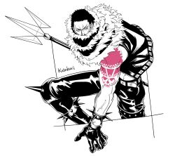 Rule 34 | 1boy, arm tattoo, bracelet, character name, charlotte katakuri, chinese commentary, commentary request, gloves, greyscale, highres, holding, holding trident, holding weapon, jewelry, leather, leather pants, leather vest, male focus, monochrome, mush820823, one piece, pants, polearm, scarf, sharp teeth, short hair, shoulder tattoo, solo, spiked bracelet, spiked legwear, spikes, spot color, stitched mouth, stitches, tattoo, teeth, trident, v-shaped eyebrows, vest, weapon