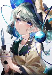 Rule 34 | 1girl, :/, absurdres, black hat, blouse, blue eyes, blush, bow, closed mouth, commentary, fingernails, frilled shirt collar, frilled sleeves, frills, green hair, grey background, hat, hat bow, highres, holding, holding knife, interlocked fingers, knife, komeiji koishi, lips, long sleeves, looking at viewer, nail polish, own hands together, purple nails, shirt, short hair, simple background, solo, suzune hapinesu, third eye, touhou, wide sleeves, yellow bow, yellow shirt