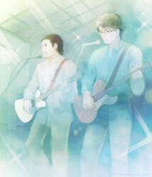 Rule 34 | 2boys, beard, blue shirt, brown hair, facial hair, glasses, guitar, hair slicked back, highres, holding, holding instrument, indoors, instrument, male focus, microphone, microphone stand, multiple boys, music, playing instrument, shirt, short hair, singing, stage lights, takeda mika, white shirt