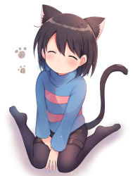 Rule 34 | 1girl, animal ears, black leggings, black shorts, blue sweater, brown hair, cat ears, cat tail, closed eyes, female frisk (undertale), frisk (undertale), highres, leggings, long sleeves, looking at viewer, looking up, own hands together, short hair, short shorts, shorts, simple background, sitting, solo, striped clothes, striped sweater, sweater, tail, undertale, wariza, white background, xox xxxxxx