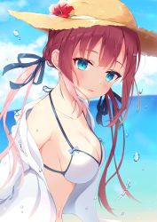 Rule 34 | 1girl, bare shoulders, bikini, bikini top only, bikini under clothes, blue eyes, blue sky, blurry, blush, bow, bow bikini, breasts, cloud, collarbone, day, depth of field, dutch angle, flower, from side, glitter, hair ribbon, halterneck, hat, hat flower, head tilt, hibiscus, highres, horizon, long hair, looking at viewer, looking to the side, medium breasts, navel, ocean, off shoulder, open clothes, original, outdoors, parted lips, pink hair, ribbon, shiny skin, sideboob, sidelocks, sky, solo, sparkle, straw hat, string bikini, swimsuit, twintails, upper body, water drop, white bikini, yumenone (conectarts)