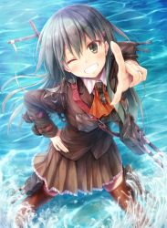 Rule 34 | 10s, 1girl, ;d, ascot, collared shirt, from above, green hair, grin, hand on own hip, jewelry, kantai collection, long hair, looking at viewer, machinery, ocean, one eye closed, open mouth, pleated skirt, pointing, pointing at viewer, ring, shirt, shoulder pads, grey eyes, silver hair, skirt, smile, solo, suien, suzuya (kancolle), thighhighs, turret, wedding band, wink, yellow eyes