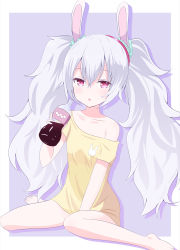 Rule 34 | 1girl, animal ears, azur lane, bare shoulders, barefoot, between legs, bottle, breasts, collarbone, commentary request, derivative work, drop shadow, hair between eyes, hairband, hand between legs, holding, holding bottle, laffey (azur lane), long hair, looking at viewer, off shoulder, parted lips, purple background, rabbit ears, red eyes, red hairband, shirt, short sleeves, sitting, small breasts, solo, twintails, two-tone background, very long hair, wariza, white background, white hair, yellow shirt, yutsuki warabi