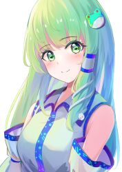 Rule 34 | 1girl, blush, closed mouth, commentary request, detached sleeves, frog hair ornament, green eyes, green hair, hair ornament, hair tubes, highres, kochiya sanae, long hair, looking at viewer, narutakaya, single hair tube, smile, snake hair ornament, solo, touhou