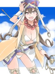 Rule 34 | 1girl, absurdres, bead necklace, beads, bikini, bikini top only, breasts, bridal gauntlets, cleavage, earrings, fate/grand order, fate (series), gourd, hair between eyes, hat, highres, hoop earrings, jewelry, large breasts, necklace, prayer beads, solo, staff, swimsuit, white bikini, xuangzang sanzang (fate)