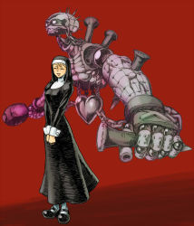 Rule 34 | 1girl, blonde hair, breasts, character request, closed eyes, dual wielding, floating, goggles, habit, hammer, holding, jojo no kimyou na bouken, kanemaki thomas, mary janes, monster, nun, original, pixiv shadow, shoes, simple background, spikes, stake, stand (jojo), traditional nun, v arms, white legwear