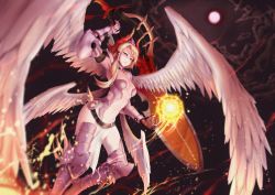 Rule 34 | 1girl, armor, asymmetrical hair, bad id, bad pixiv id, bikini armor, blonde hair, blue eyes, breasts, center opening, cleavage, cloud, dragon girl, dragon horns, feathered wings, flying, full moon, gauntlets, gloves, hair tubes, holding, holding sword, holding weapon, horns, huge weapon, long hair, minerva (p&amp;d), moon, multiple wings, navel, parted lips, pauldrons, pelvic curtain, puuzaki puuna, puzzle &amp; dragons, shoulder armor, single glove, sky, solo, sword, thighhighs, weapon, white wings, wings