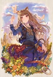 Rule 34 | 1girl, 778-go, animal, animal ear fluff, animal ears, apple, autumn leaves, basket, bird, black skirt, black vest, blue shirt, blue sky, blunt bangs, brown eyes, brown hair, closed mouth, day, food, fruit, hand up, highres, holo, leaf, long hair, long sleeves, maple leaf, open clothes, open vest, outdoors, pouch, shirt, skirt, sky, smile, solo, spice and wolf, vest, wheat, wolf ears