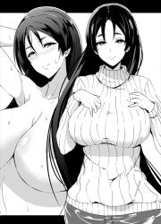 Rule 34 | 1girl, arm up, blush, breasts, collarbone, fate/grand order, fate (series), greyscale, hands on own chest, highres, huge breasts, kawabata yoshihiro, long hair, looking at viewer, minamoto no raikou (fate), monochrome, multiple views, parted bangs, ribbed sweater, sweat, sweater, topless, turtleneck, turtleneck sweater, very long hair