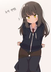 Rule 34 | 1girl, absurdres, arm support, black hair, black jacket, black skirt, blush, brown pantyhose, closed mouth, clothes pull, collared shirt, commentary request, drawstring, flying sweatdrops, grey background, head tilt, highres, hood, hood down, hooded jacket, jacket, korean commentary, korean text, long hair, long sleeves, luke (dydansgur), necktie, original, panties, panties under pantyhose, pantyhose, paw print, print panties, red necktie, shirt, simple background, sitting, skirt, skirt pull, sleeves past wrists, solo, sweat, thighband pantyhose, translation request, underwear, very long hair, white shirt, yellow eyes