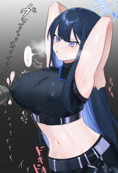 Rule 34 | 1girl, absurdres, alisame, armpits, arms behind head, arms up, bare shoulders, belt, black belt, black hair, black pants, black shirt, blue archive, blue eyes, blue hair, blush, breasts, buckle, chest harness, commentary request, covered erect nipples, cowboy shot, crop top, groin, halo, harness, heart, heart in eye, heavy breathing, highres, hitachi magic wand, large breasts, long hair, midriff, navel, nipple stimulation, nipple tweak, no headwear, no mask, pants, parted lips, saori (blue archive), sex toy, shirt, sleeveless, sleeveless shirt, snap-fit buckle, solo, speech bubble, standing, sweat, symbol in eye, translation request, underbust, vibrator