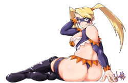 Rule 34 | 1girl, ass, ass focus, bare shoulders, black thighhighs, blonde hair, blue eyes, breasts, clothing cutout, domino mask, fang, female focus, full body, halloween, halloween costume, highres, hori shin, large breasts, long hair, looking at viewer, mask, plump, rainbow mika, shoulder cutout, sideboob, signature, simple background, sitting, smile, solo, street fighter, thick thighs, thighhighs, thighs, twintails, white background, wide hips