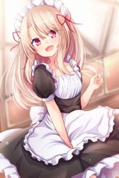 Rule 34 | 1girl, :d, alternate costume, apron, baram, between legs, black dress, blurry, blurry background, collarbone, commentary request, depth of field, dress, enmaided, fate/kaleid liner prisma illya, fate (series), frilled apron, frilled dress, frills, hair between eyes, hair ribbon, hand between legs, hand up, highres, illyasviel von einzbern, indoors, light brown hair, long hair, looking at viewer, maid, maid headdress, open mouth, parted bangs, puffy short sleeves, puffy sleeves, red eyes, red ribbon, ribbon, short sleeves, smile, solo, very long hair, white apron
