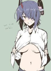 Rule 34 | 1girl, artist name, breasts, clenched teeth, collared shirt, dated, dress shirt, eyepatch, grey background, headgear, highres, kantai collection, large breasts, navel, purple hair, shirt, short hair, simple background, solo, taira yuuki, teeth, tenryuu (kancolle), underboob, upper body, white shirt, yellow eyes