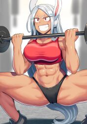 Rule 34 | 1girl, :d, abs, absurdres, animal ears, barbell, bare shoulders, black footwear, boku no hero academia, breasts, cameltoe, cleft of venus, dark-skinned female, dark skin, exercising, harurukan, highres, holding, large breasts, long eyelashes, long hair, mirko, muscular, muscular female, navel, open mouth, parted bangs, rabbit ears, rabbit girl, red eyes, red sports bra, smile, solo, sports bra, spread legs, squatting, stomach, teeth, thick thighs, thighs, v-shaped eyebrows, very long hair, white hair
