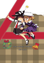 Rule 34 | 2girls, artist name, bell, black hat, blonde hair, blush, bow, brown hair, christmas wreath, closed eyes, dress, english text, facing another, grin, hachi (8bit canvas), hat, hat bow, hat ribbon, locked arms, long sleeves, maribel hearn, medium hair, mob cap, multiple girls, page number, purple dress, red bow, ribbon, skirt, smile, star (symbol), touhou, usami renko, white bow, white hat, white ribbon, wreath