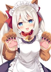 Rule 34 | 1girl, :d, animal ears, animal hands, apron, bad id, bad pixiv id, bell, black dress, blue eyes, blush, bow, breasts, collar, cosplay, dress, fate/grand order, fate (series), fox ears, fox tail, frilled apron, frills, hair bow, hands up, jingle bell, long hair, looking at viewer, maid, maid headdress, marie antoinette (fate), medium breasts, neck bell, open mouth, paw pose, red bow, sidelocks, silver hair, simple background, smile, solo, sumisaki yuzuna, tail, tamamo (fate), tamamo cat (fate), tamamo cat (fate) (cosplay), tamamo cat (second ascension) (fate), tareme, twintails, upper body, white background