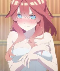 Rule 34 | 1girl, @ @, bare shoulders, blue eyes, blush, breasts, breasts squeezed together, cleavage, covering privates, covering breasts, go-toubun no hanayome, hair between eyes, highres, large breasts, long hair, nakano itsuki, naked towel, red hair, screencap, stitched, third-party edit, towel