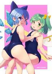 Rule 34 | 2girls, ass, bare arms, bare shoulders, blue eyes, blue hair, blue one-piece swimsuit, bow, cirno, commission, daiyousei, deto, fairy wings, green eyes, green hair, hair bow, highres, ice, ice wings, looking at viewer, looking back, multiple girls, one-piece swimsuit, one side up, open mouth, pink background, school swimsuit, short hair, swimsuit, touhou, twitter username, wings, yellow bow