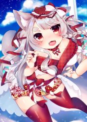 Rule 34 | 1girl, :d, absurdres, animal ears, azur lane, bare shoulders, blue sky, bow, braid, chiitamu, cloud, commentary request, day, dutch angle, fangs, fingernails, floral print, hair bow, hair ribbon, highres, leaning forward, long hair, multicolored nails, nail art, nail polish, off shoulder, open mouth, outdoors, print skirt, red eyes, red nails, red ribbon, red thighhighs, ribbon, see-through, short eyebrows, side braid, silver hair, single braid, skirt, sky, smile, solo, tail, tail raised, thick eyebrows, thighhighs, two side up, very long hair, white bow, white skirt, wolf ears, wolf girl, wolf tail, yuudachi (azur lane)