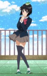 Rule 34 | +tic nee-san, 1girl, absurdres, bars, black hair, black thighhighs, blue eyes, blush, bow, bus, buttons, cloud, day, eyelashes, full body, highres, knees together feet apart, motor vehicle, okamoto (+tic nee-san), okamoto hazuki, own hands clasped, own hands together, railing, school uniform, screencap, shoes, short hair, skirt, sky, solo, sparkle, sparkling eyes, stitched, thighhighs, third-party edit, uwabaki, vehicle, wind, zettai ryouiki