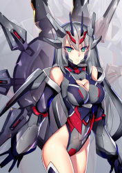 Rule 34 | 1girl, backpack, bag, black gloves, blush, breasts, cleavage, cleavage cutout, clothing cutout, commission, detached sleeves, gloves, green eyes, grey hair, gundam, gundam seed, gundam seed destiny, highres, i.takashi, legend gundam, long hair, mecha musume, medium breasts, personification, skeb commission, solo, v-fin, zoom layer