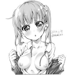 Rule 34 | 10s, 1girl, :o, blouse, blush, breasts, ekakibito, eyebrows, flower, greyscale, hair flower, hair ornament, highres, monochrome, new game!, nipples, open clothes, open shirt, revision, shirt, small breasts, solo, suzukaze aoba, twintails