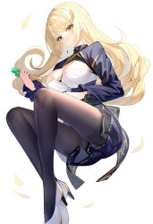 Rule 34 | 1girl, blonde hair, blush, breasts, cleavage, commentary request, cropped jacket, earrings, gold trim, high heels, highres, jewelry, large breasts, long hair, long sleeves, looking at viewer, mythra (xenoblade), pantyhose, ririko (zhuoyandesailaer), shrug (clothing), skirt, solo, swept bangs, xenoblade chronicles (series), xenoblade chronicles 2, yellow eyes