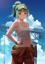 Rule 34 | 2girls, bare arms, bare shoulders, blunt bangs, breasts, brown eyes, clipboard, clothes around waist, cloud, commentary, day, dripping, fairy (kancolle), gloves, goggles, goggles on head, green hair, hair ribbon, hand on own hip, high ponytail, jumpsuit, jumpsuit around waist, kantai collection, long hair, midriff, multiple girls, navel, orange jumpsuit, outdoors, parted lips, ponytail, revision, ribbon, sky, small breasts, sweat, sweaty clothes, tank top, tantaka, wet, wet clothes, white tank top, yellow eyes, yuubari (kancolle)