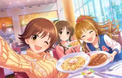 Rule 34 | 10s, 3girls, blush, bow, brown eyes, brown hair, chair, closed eyes, collarbone, curly hair, curry, dress, food, friends, hair bow, happy, high ponytail, hino akane (idolmaster), honda mio, idolmaster, idolmaster cinderella girls, idolmaster cinderella girls starlight stage, idomaster, jewelry, long hair, looking at viewer, multiple girls, necklace, official art, omelet, omurice, one eye closed, open mouth, pasta, plate, ponytail, restaurant, ribbon, salad, saliva, short hair, sitting, smile, spaghetti, spoon, sunlight, sweater, table, takamori aiko, taking picture, tonkatsu, tonkatsu sauce, turtleneck, turtleneck sweater, window, wink
