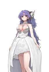 Rule 34 | 1girl, absurdres, alternate costume, bare shoulders, blue archive, blue eyes, breasts, cleavage, cowboy shot, dress, expressionless, flower, hair flower, hair intakes, hair ornament, highres, large breasts, long hair, looking at viewer, movik, parted lips, plunging neckline, purple hair, sideways glance, simple background, sleeveless, sleeveless dress, solo, white background, white dress, yuuka (blue archive)
