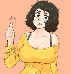 Rule 34 | 1girl, bags under eyes, breasts, brown hair, chief (91m10), cleavage, collarbone, commentary, english commentary, exhausted, kawakami sadayo, large breasts, looking at viewer, off shoulder, persona, persona 5, shirt, short hair, single bare shoulder, solo, striped clothes, striped shirt, sweat, sweatdrop, yellow shirt