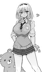Rule 34 | 1girl, breasts, closed mouth, collared shirt, commentary, earrings, greyscale, hairband, heart, highres, higurashi no naku koro ni, holding, houjou satoko, jewelry, large breasts, long28, looking at viewer, miniskirt, monochrome, necktie, school uniform, shirt, simple background, skirt, solo, st. lucia academy school uniform, striped necktie, stuffed animal, stuffed toy, teddy bear