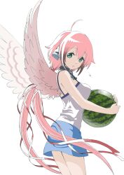 Rule 34 | 1girl, ahoge, angel wings, bare shoulders, black hair, blue shorts, camisole, chain, collar, feathered wings, food, from side, fruit, gradient hair, green eyes, hair between eyes, hair ribbon, highres, ikaros, jigoku keisatsu, long hair, looking at viewer, low twintails, metal collar, multicolored hair, parted lips, pink hair, red ribbon, ribbon, robot ears, shorts, simple background, solo, sora no otoshimono, twintails, very long hair, watermelon, white background, white camisole, white wings, wings