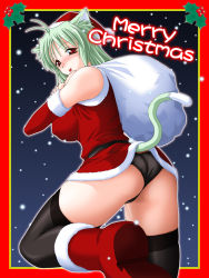 Rule 34 | 1girl, animal ears, ass, back, black panties, blush, boots, breasts, cat ears, cat tail, christmas, green hair, keito, large breasts, looking back, original, panties, red eyes, santa costume, solo, tail, thighhighs, underwear