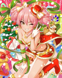 Rule 34 | 10s, 1girl, artist request, bandeau, boots, breasts, christmas, christmas tree, cleavage, earrings, eyelashes, gloves, grin, hat, highres, idolmaster, idolmaster cinderella girls, jewelry, jougasaki mika, jpeg artifacts, long hair, merry christmas, mini hat, necklace, official art, one eye closed, pink hair, red footwear, reindeer, resized, santa boots, santa costume, small breasts, smile, solo, twintails, upscaled, v, waifu2x, white gloves, yellow eyes
