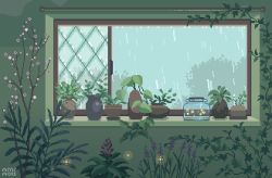 Rule 34 | animated, animated gif, artist name, commentary, english commentary, fireflies, flower, leaf, mini-moss, no humans, original, pink flower, pixel art, plant, potted plant, purple flower, rain, window