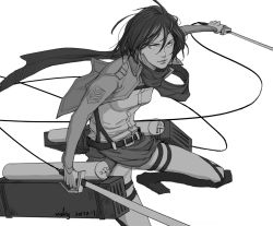 Rule 34 | 1girl, 2013, belt, boots, dated, greyscale, jacket, mikasa ackerman, monochrome, scarf, shingeki no kyojin, short hair, signature, solo, sword, thigh strap, three-dimensional maneuver gear, weapon, wire, wsly