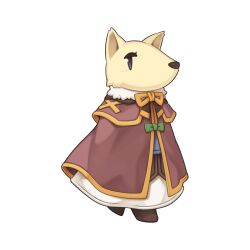 Rule 34 | 1girl, animal ears, boots, bow, brown cape, brown footwear, cape, chibi, chibi only, dog ears, dog girl, full body, furry, furry female, gold trim, green bow, jindo dog, jindou (ragnarok online), looking at viewer, no mouth, official art, ragnarok online, simple background, skirt, snout, solo, standing, transparent background, white skirt, yuichirou