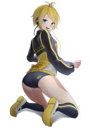 Rule 34 | 1girl, ass, bandaid, bandaid on face, bandaid on nose, black socks, blonde hair, blue eyes, blush, commentary, from behind, hair ornament, hairclip, headphones, highres, jacket, kagamine rin, kneehighs, kneeling, long sleeves, looking at viewer, looking back, multicolored clothes, multicolored jacket, open mouth, revebw, shirt, short hair, simple background, smile, socks, solo, two-tone jacket, vocaloid, white background, white footwear, white shirt