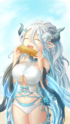 Rule 34 | 2girls, :d, bare shoulders, blue hair, breasts, chikopudding, corn, cowboy shot, draph, closed eyes, flower, granblue fantasy, hair between eyes, hair flower, hair ornament, highres, holding, horns, izmir, izmir (summer) (granblue fantasy), large breasts, layered swimsuit, long hair, mole, mole under mouth, multiple girls, open mouth, pointy ears, smile, standing, swimsuit, very long hair